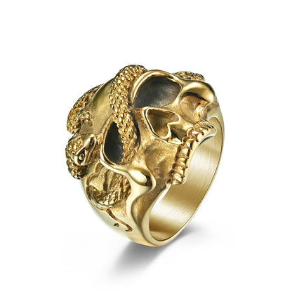 Skull and Snake Gothic Punk Mens Ring - Stainless Steel Silver & Gold - Unisex - That Rock Aesthetic