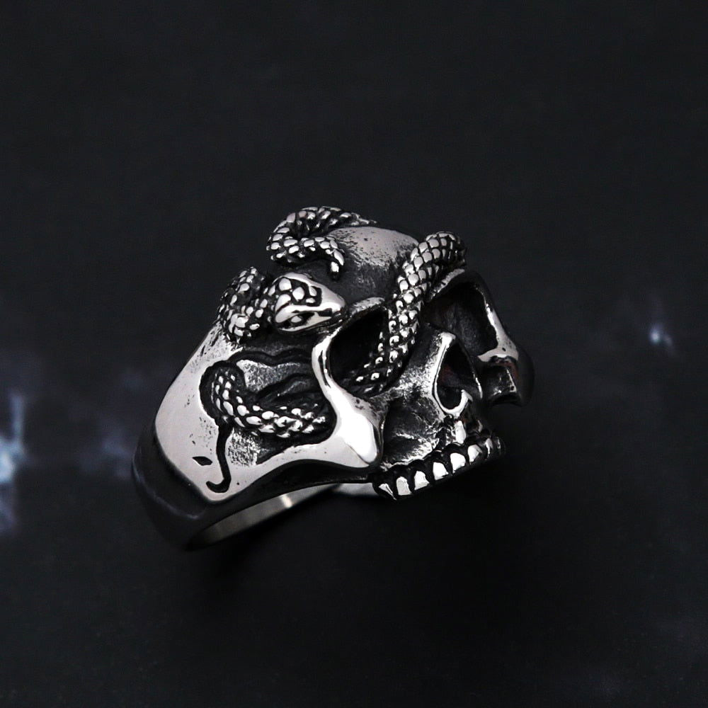Skull and Snake Gothic Punk Mens Ring - Stainless Steel Silver & Gold - Unisex - That Rock Aesthetic