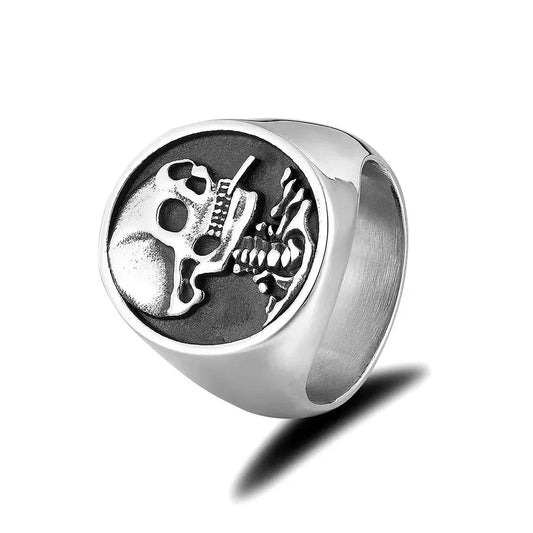 Smoking Skull Mens Signet Ring - Stainless Steel Silver - Unisex - That Rock Aesthetic