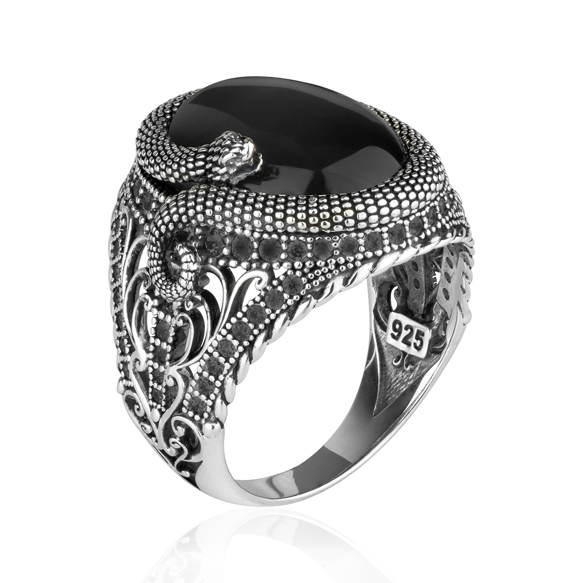 Oval Snake Mens Black Onyx Ring - 925 Silver - Unisex - Adjustable - That Rock Aesthetic