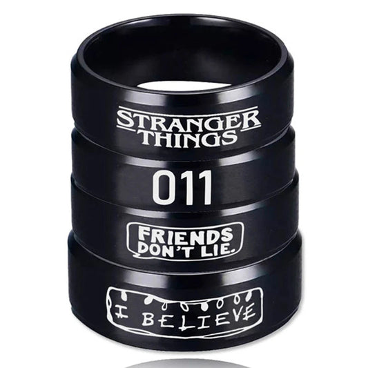 Stranger Things Ring Collection - Eleven, Friends Don't Lie, I Believe - Stainless Steel Black - Unisex - That Rock Aesthetic