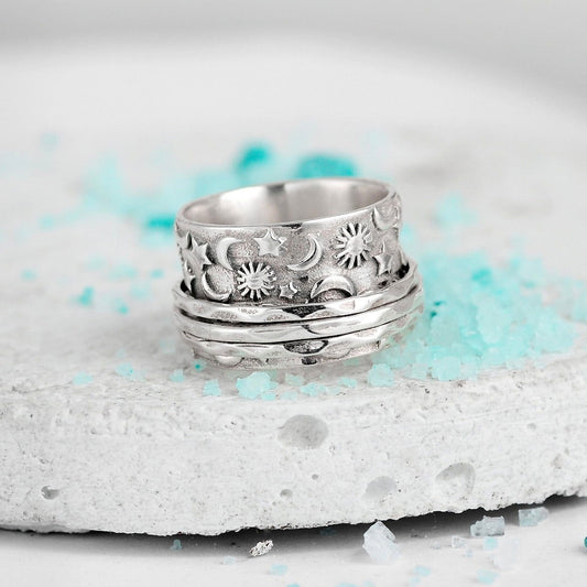 Sun and Moon Fidget Spinner Ring Boho - Silver - Unisex - That Rock Aesthetic