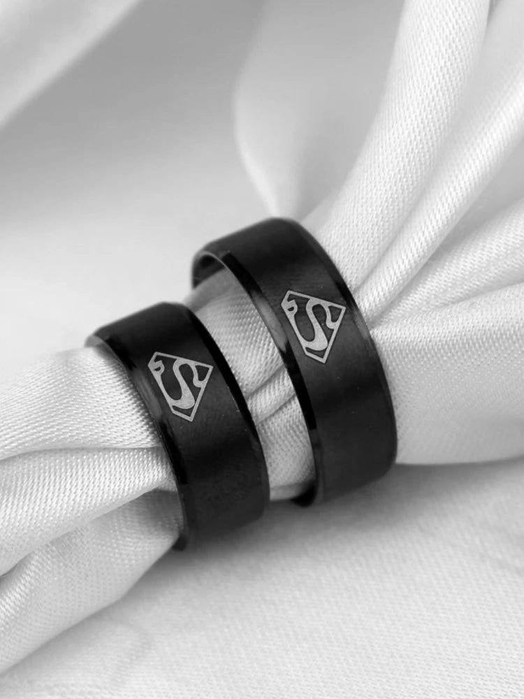 Superman Ring Logo #2 Superhero Mens DC Ring - Stainless Steel Silver & Black - Unisex - That Rock Aesthetic