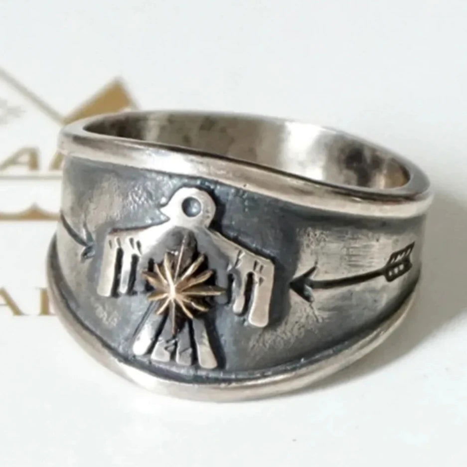 Thunderbird Navajo Ring Native American Indian Boho Ring - Silver with Gold - Unisex - Adjustable - That Rock Aesthetic