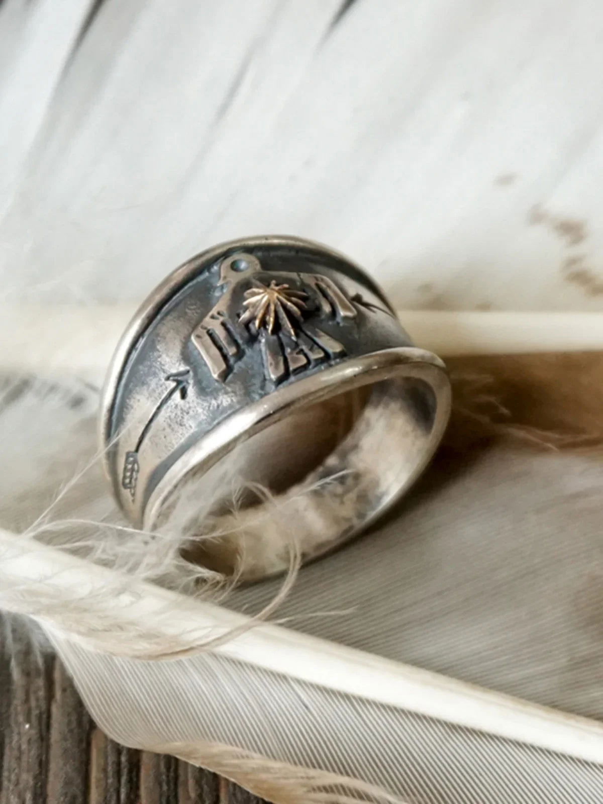 Thunderbird Navajo Ring Native American Indian Boho Ring - Silver with Gold - Unisex - Adjustable - That Rock Aesthetic
