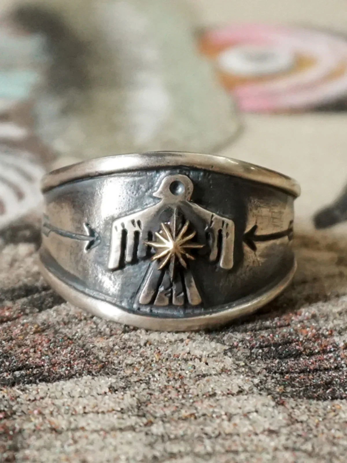 Thunderbird Navajo Ring Native American Indian Boho Ring - Silver with Gold - Unisex - Adjustable - That Rock Aesthetic