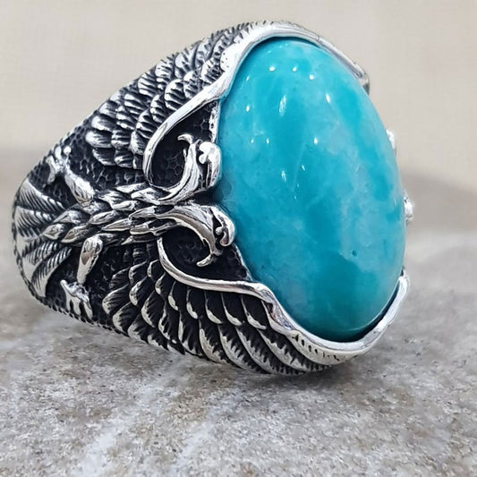 Oval Eagle Mens Turquoise Ring - Silver - Unisex - That Rock Aesthetic