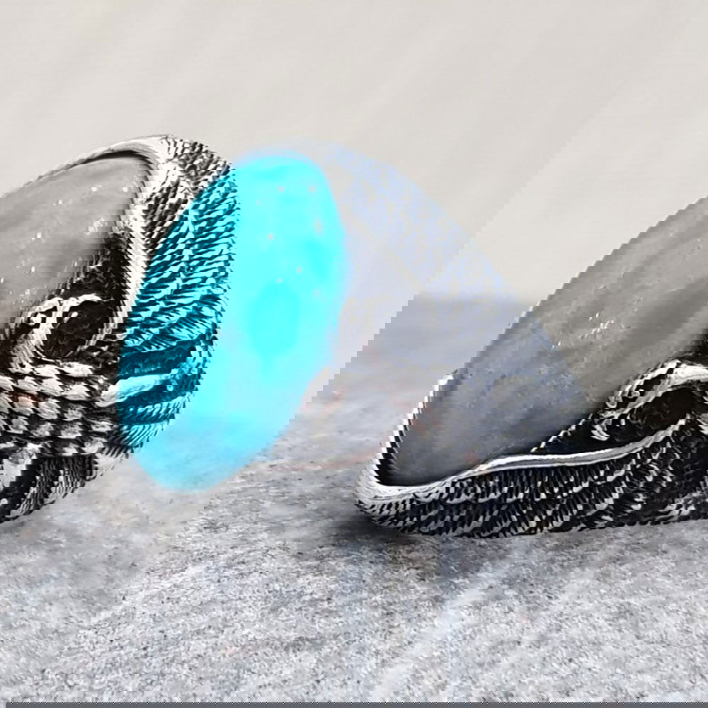 Oval Eagle Mens Turquoise Ring - Silver - Unisex - That Rock Aesthetic