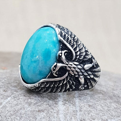 Oval Eagle Mens Turquoise Ring - Silver - Unisex - That Rock Aesthetic