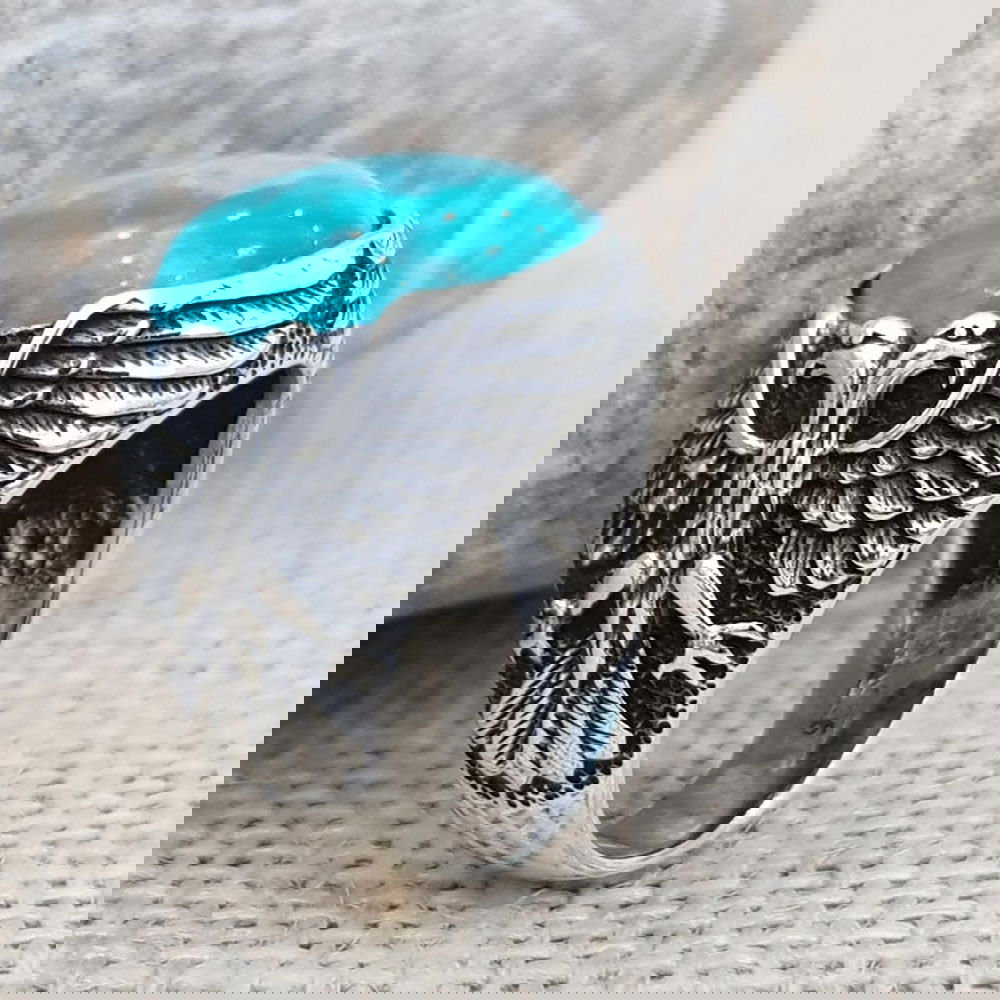 Oval Eagle Mens Turquoise Ring - Silver - Unisex - That Rock Aesthetic