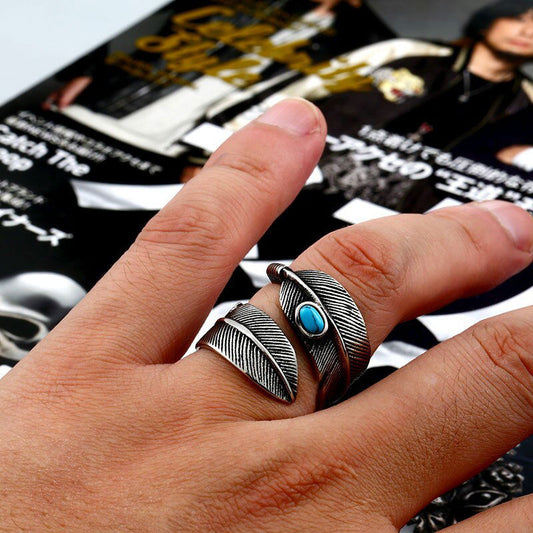 Turquoise Feather Ring - Titanium Steel Silver - Unisex - Adjustable - That Rock Aesthetic