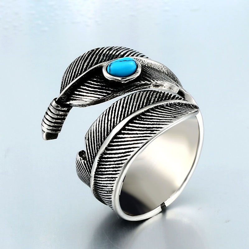 Turquoise Feather Ring - Titanium Steel Silver - Unisex - Adjustable - That Rock Aesthetic