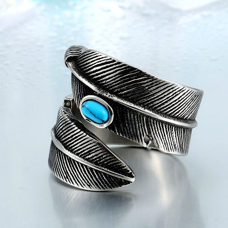Turquoise Feather Ring - Titanium Steel Silver - Unisex - Adjustable - That Rock Aesthetic