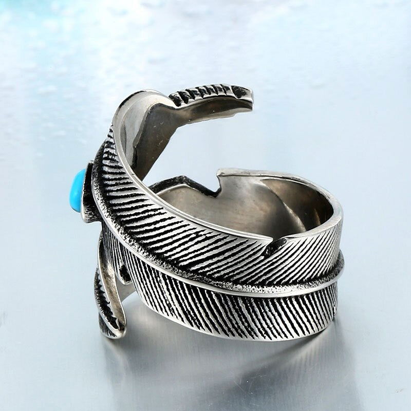 Turquoise Feather Ring - Titanium Steel Silver - Unisex - Adjustable - That Rock Aesthetic