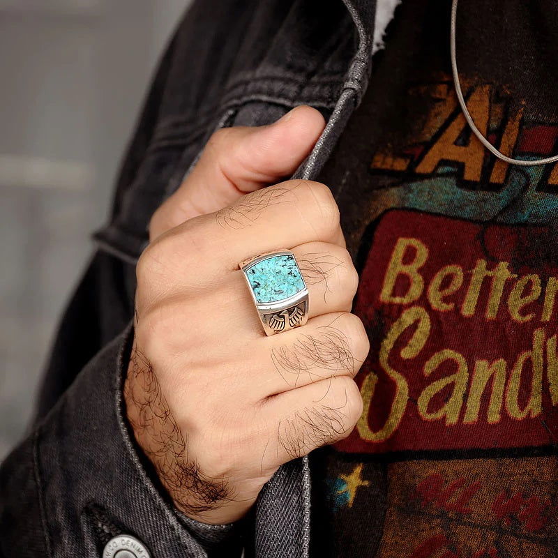 Hawk / Eagle Turquoise Ring Mens - Silver - Unisex - That Rock Aesthetic