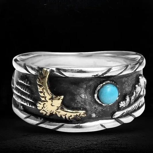 Hawk Western Landscape Mens Turquoise Ring - Stainless Steel Silver with Gold - Unisex - Adjustable - That Rock Aesthetic