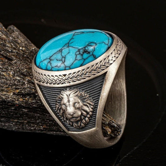 Oval Turquoise Mens Lion Ring - Silver - Unisex - That Rock Aesthetic