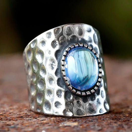 Turquoise Oval Chunky Boho Ring - Stainless Steel Silver - Unisex - That Rock Aesthetic