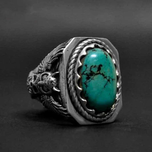 Oval Owl Turquoise Mens Ring - Stainless Steel Silver - Unisex - That Rock Aesthetic