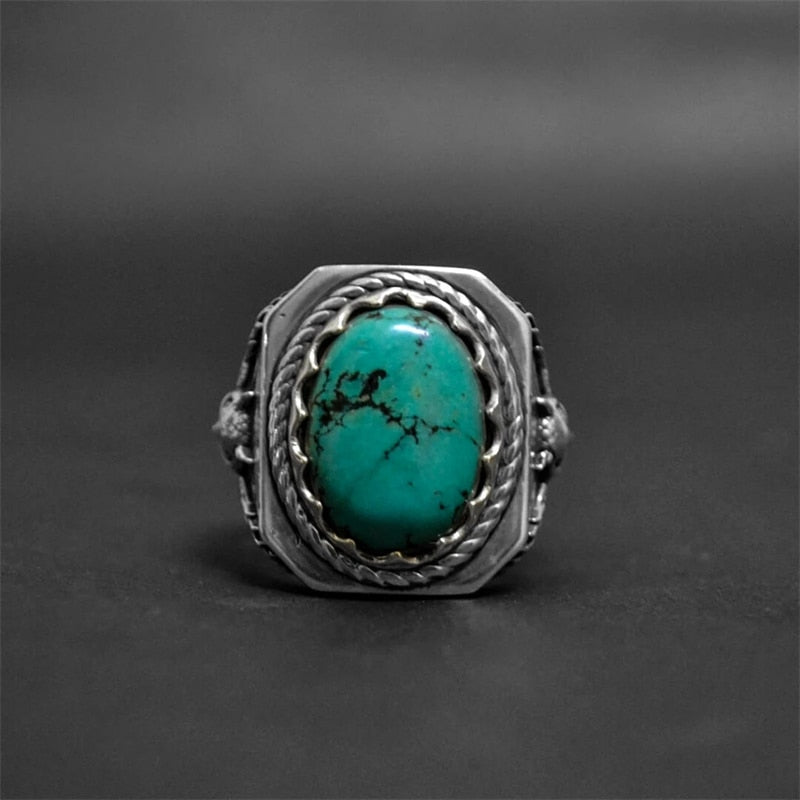 Oval Owl Turquoise Mens Ring - Stainless Steel Silver - Unisex - That Rock Aesthetic