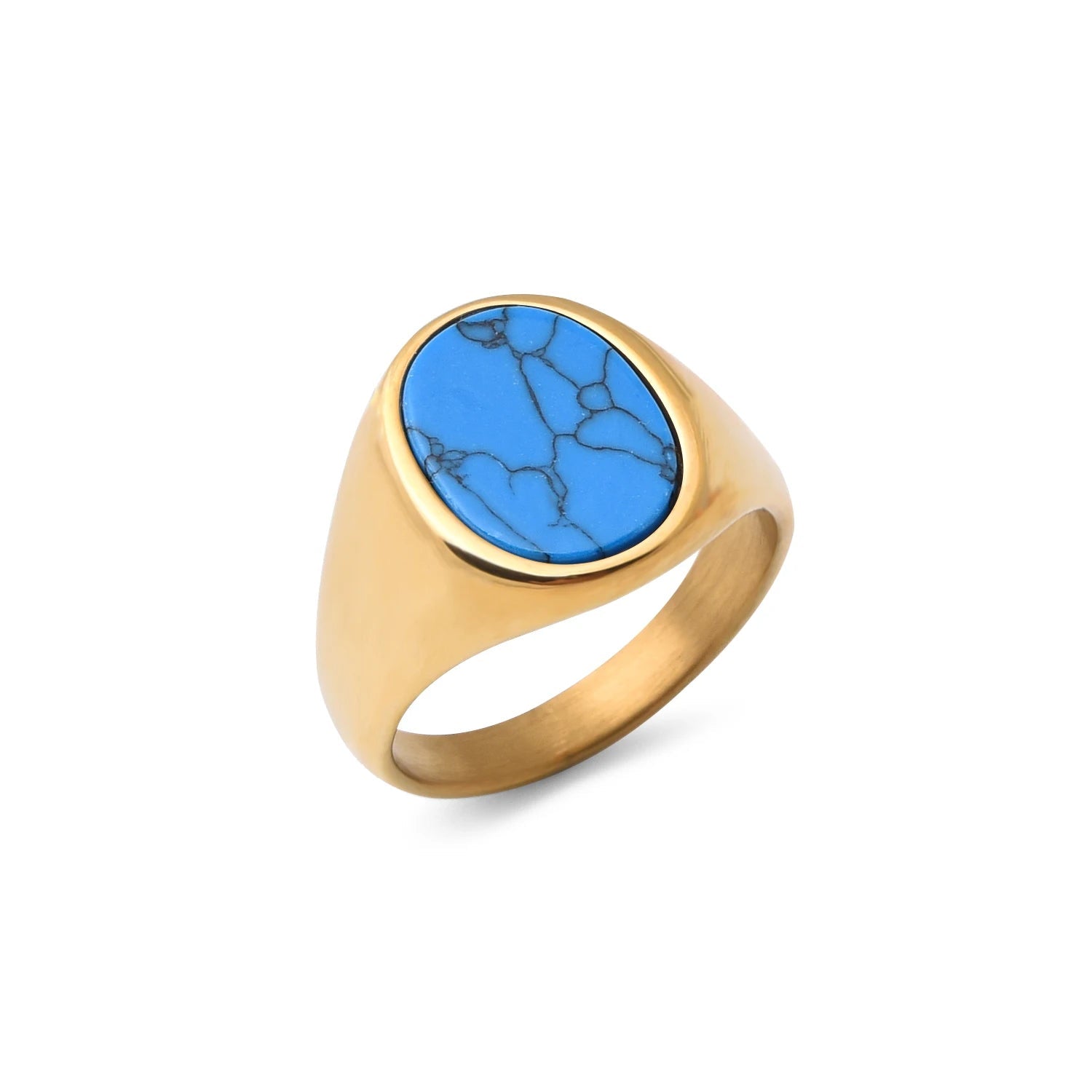 Turquoise Round Mens Gemstone Ring - Stainless Steel Gold - Unisex - That Rock Aesthetic