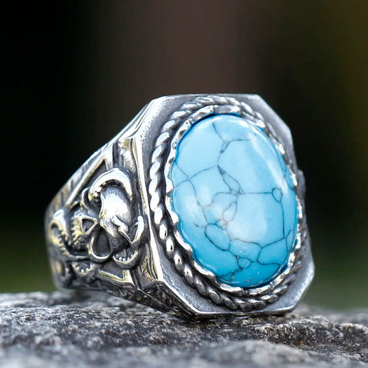 Turquoise Skull Snake Gemstone Mens Ring - Stainless Steel Silver - Unisex - That Rock Aesthetic