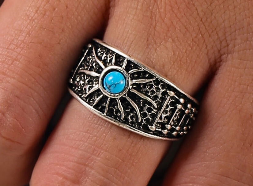 Boho Sun Turquoise Ring Mens - Silver - Unisex - That Rock Aesthetic
