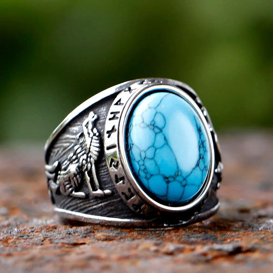 Turquoise Wolf Hawk Viking Rune Mens Ring - Stainless Steel Silver - Unisex - That Rock Aesthetic