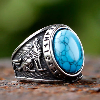 Turquoise Wolf Hawk Viking Rune Mens Ring - Stainless Steel Silver - Unisex - That Rock Aesthetic
