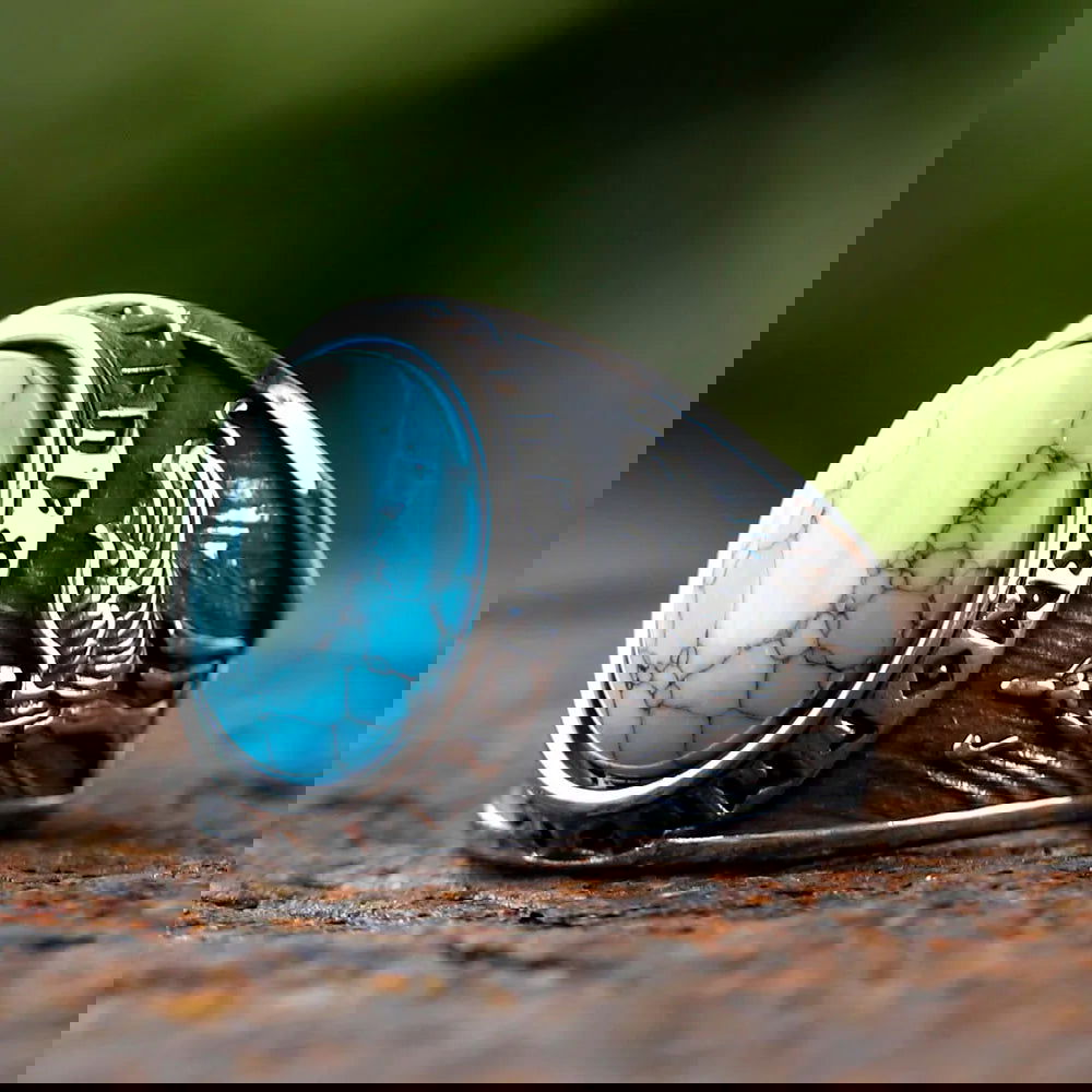Turquoise Wolf Hawk Viking Rune Mens Ring - Stainless Steel Silver - Unisex - That Rock Aesthetic