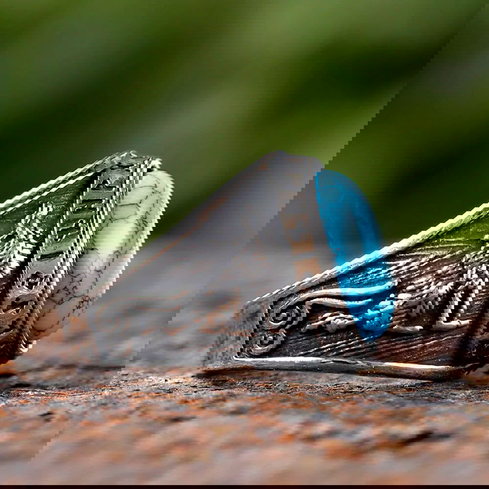 Turquoise Wolf Hawk Viking Rune Mens Ring - Stainless Steel Silver - Unisex - That Rock Aesthetic