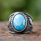 Turquoise Wolf Hawk Viking Rune Mens Ring - Stainless Steel Silver - Unisex - That Rock Aesthetic