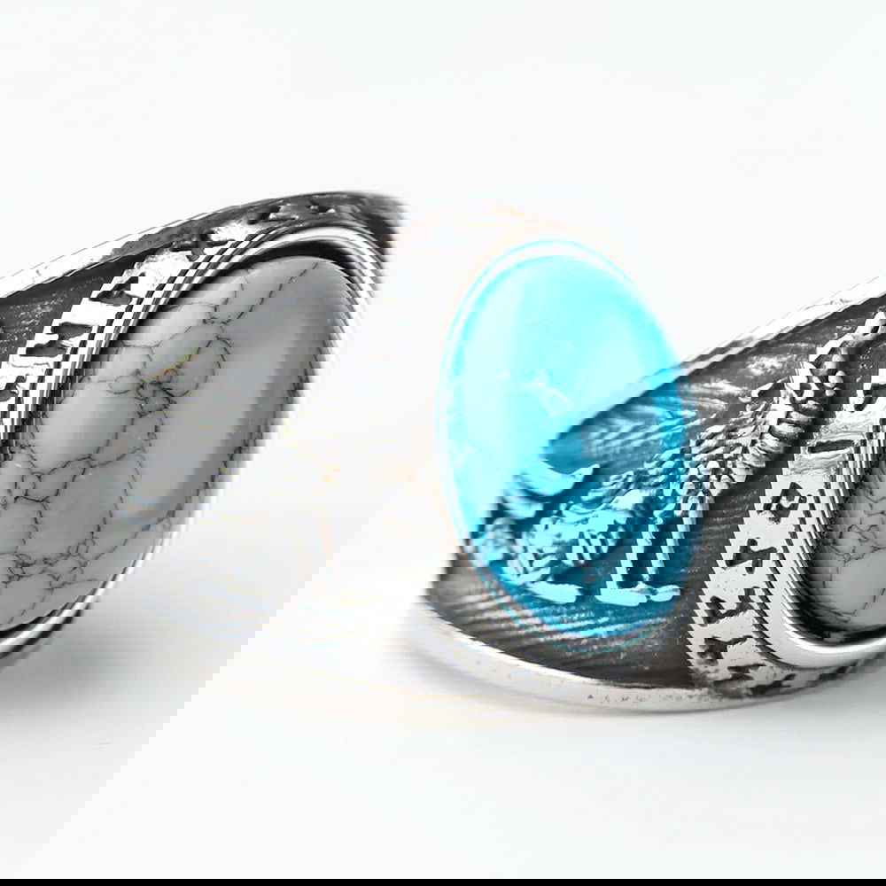 Turquoise Wolf Hawk Viking Rune Mens Ring - Stainless Steel Silver - Unisex - That Rock Aesthetic
