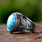 Turquoise Wolf Hawk Viking Rune Mens Ring - Stainless Steel Silver - Unisex - That Rock Aesthetic