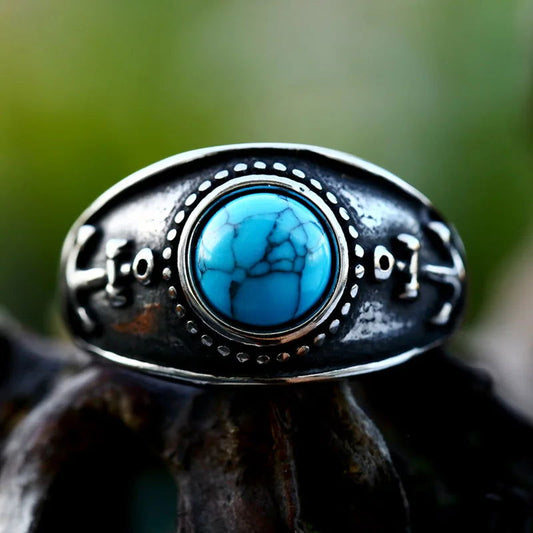 Viking Anchor Mens Turquoise Ring - Stainless Steel Silver - Unisex - That Rock Aesthetic