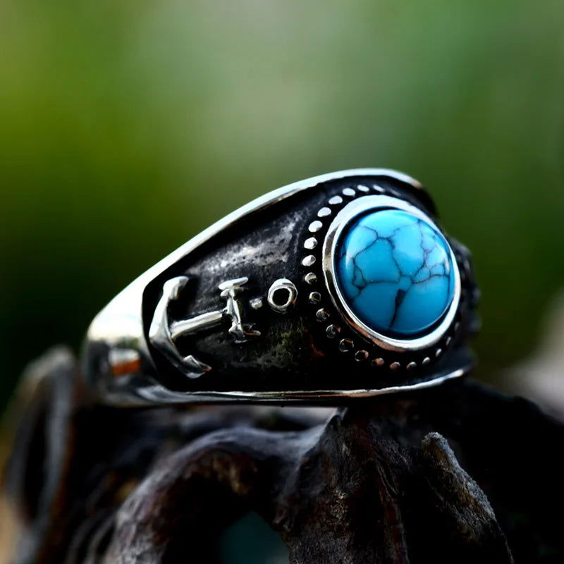Viking Anchor Mens Turquoise Ring - Stainless Steel Silver - Unisex - That Rock Aesthetic