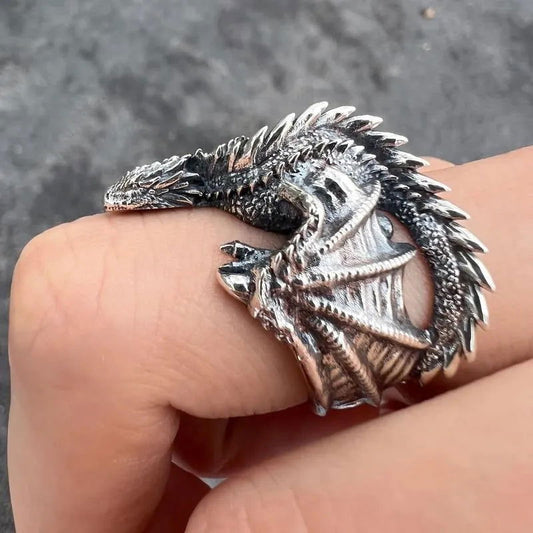 Wraparound Dragon Ring Mens - Silver - Unisex - Adjustable - That Rock Aesthetic