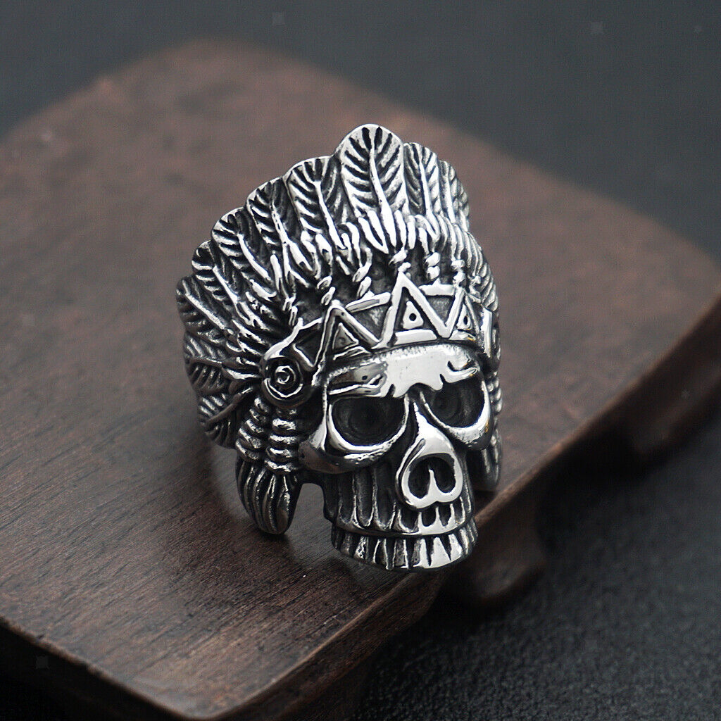 Native American Indian Chief Skull Mens Ring - Stainless Steel Silver - Unisex