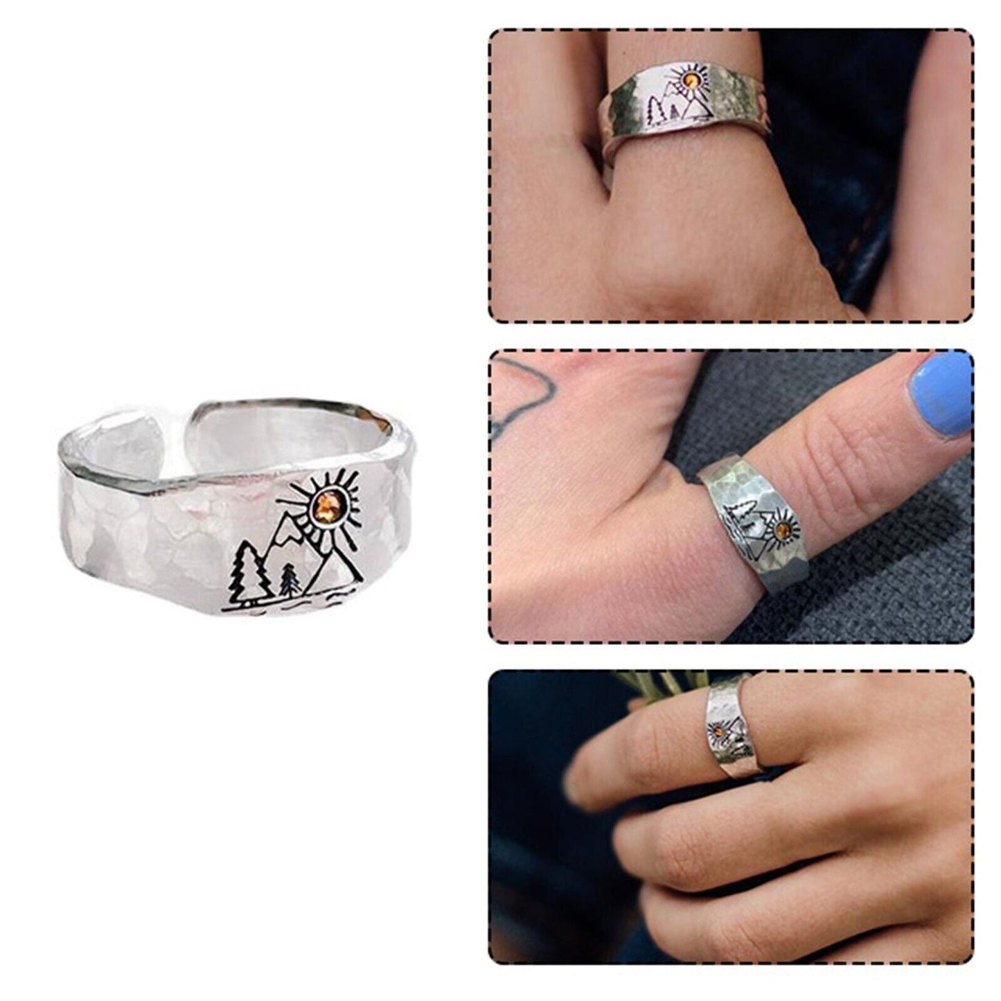 Sunset Mountain Carved Ring with Orange Diamond Gemstone - Silver - Unisex