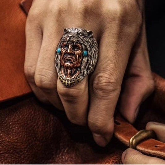 Native American Indian Chief with Bear Headdress Turquoise Mens Ring - Colored Steel - Unisex