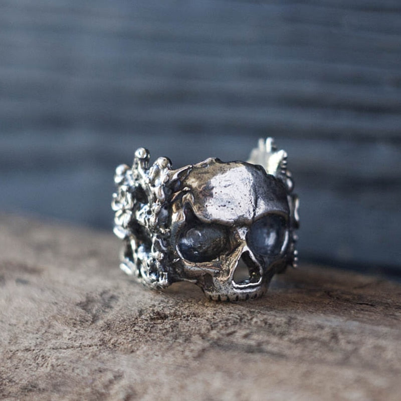 Skull & Flowers / Roses Gothic Mens Ring - Stainless Steel Silver - Unisex