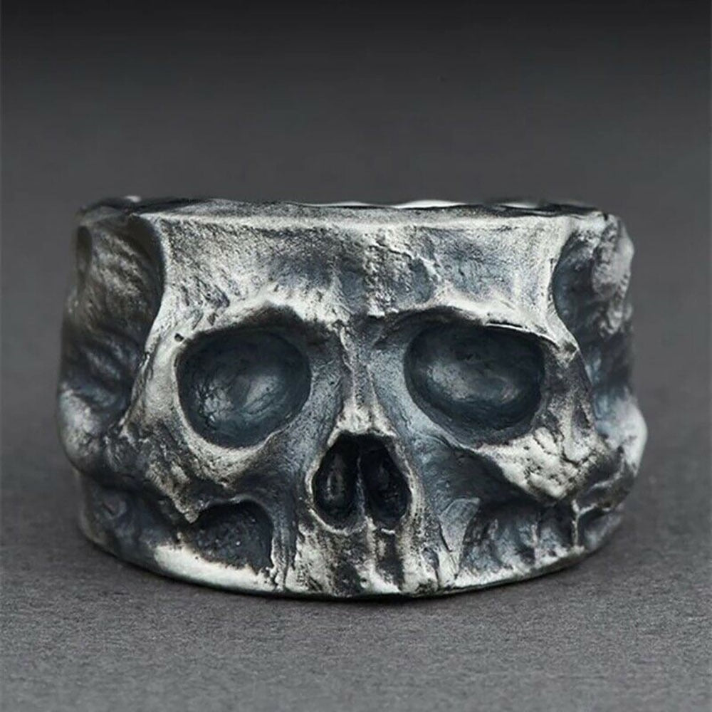 Gothic Rugged Half Skull Mens Ring - Silver - Unisex