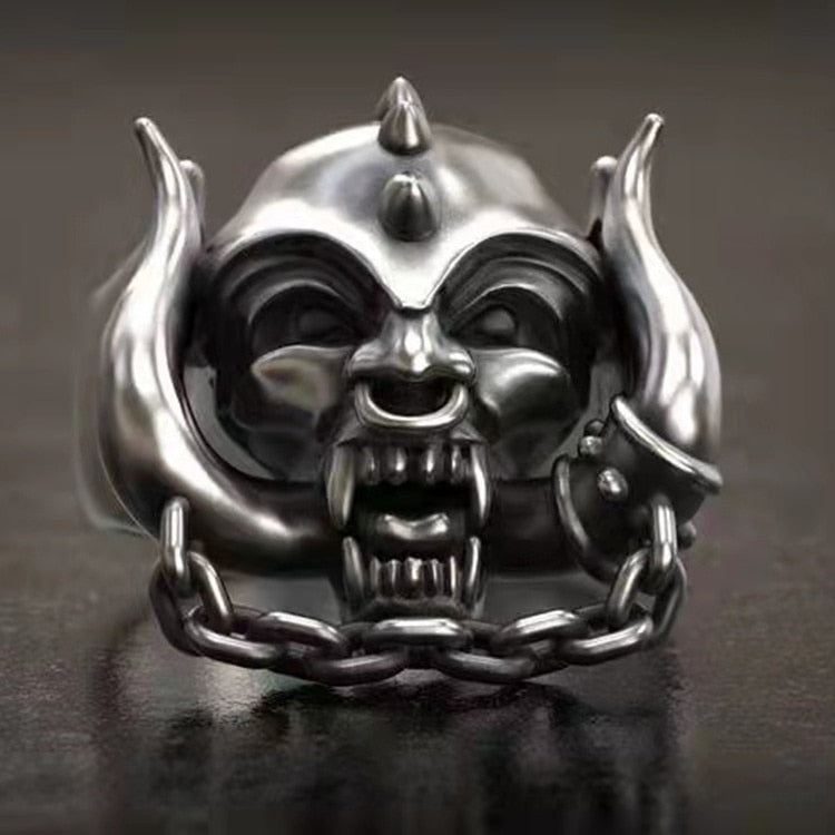 Motorhead Lemmy Mens Ring - War Pig Gothic Bull Horns & Chains - Silver - Unisex