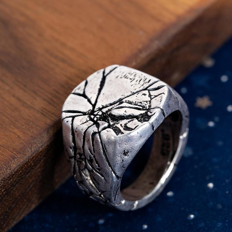 Volcanic Cracked Rugged Mens Ring - Stainless Steel Silver - Unisex