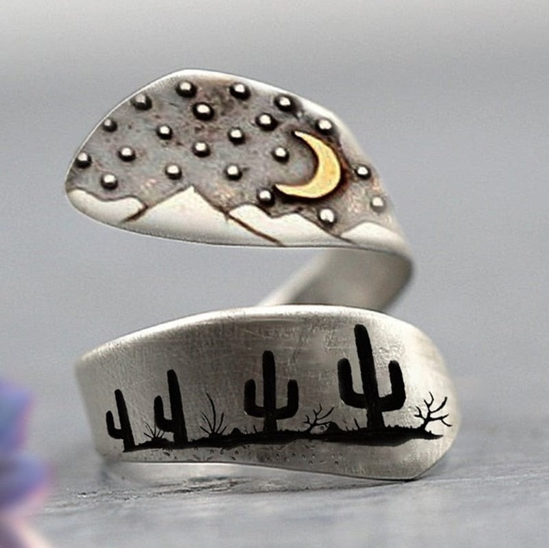 Desert Moon / Cactus / Wolf Carved Wraparound Cowboy Ring Collection - Silver & Gold - Unisex