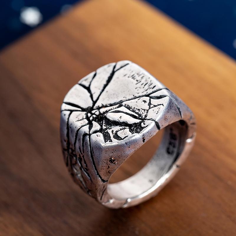 Volcanic Cracked Rugged Mens Ring - Stainless Steel Silver - Unisex