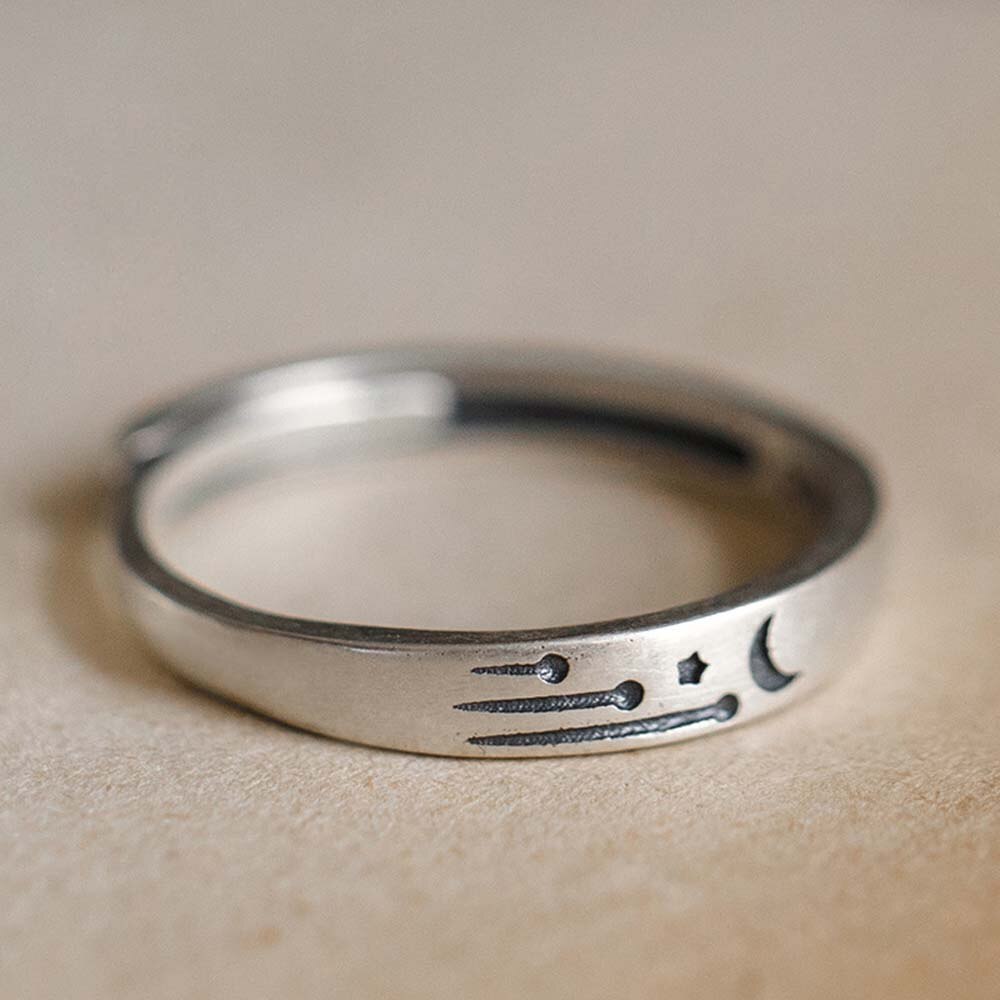 Sun & Moon Shooting Star Paired Set of Carved Rings - Silver - Unisex