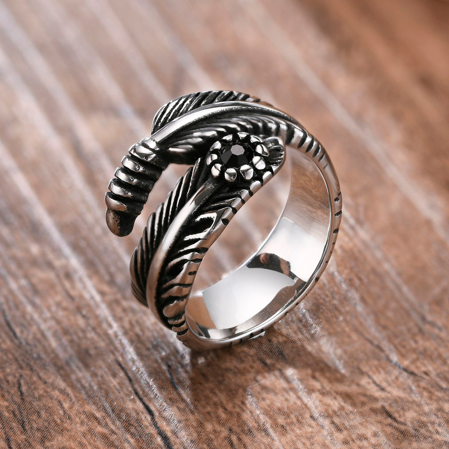 Feather Wraparound Ring with Black Gemstone - Stainless Steel Silver - Unisex - Adjustable