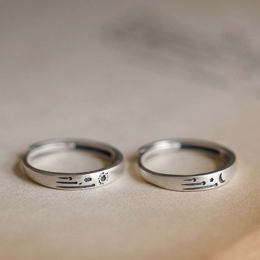 Sun & Moon Shooting Star Paired Set of Carved Rings - Silver - Unisex