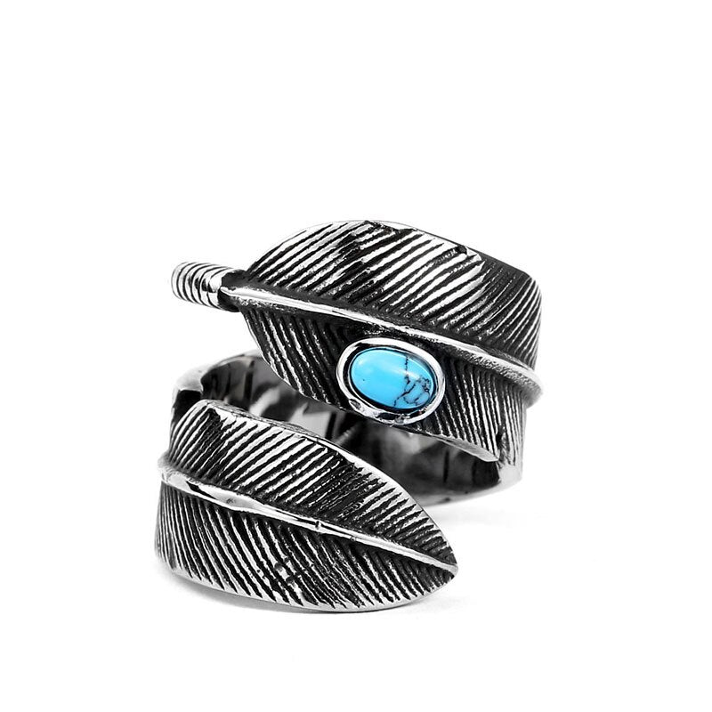 Turquoise Feather Wraparound Ring - Titanium Steel Silver - Unisex - Adjustable